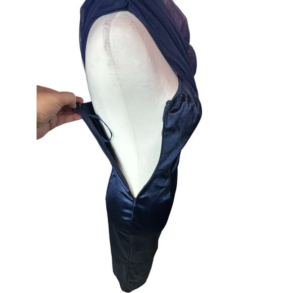 Womans Blue Mesh One Shoulder Sheer Split Thigh Knee Length Satin Dress Size S - Picture 6 of 10